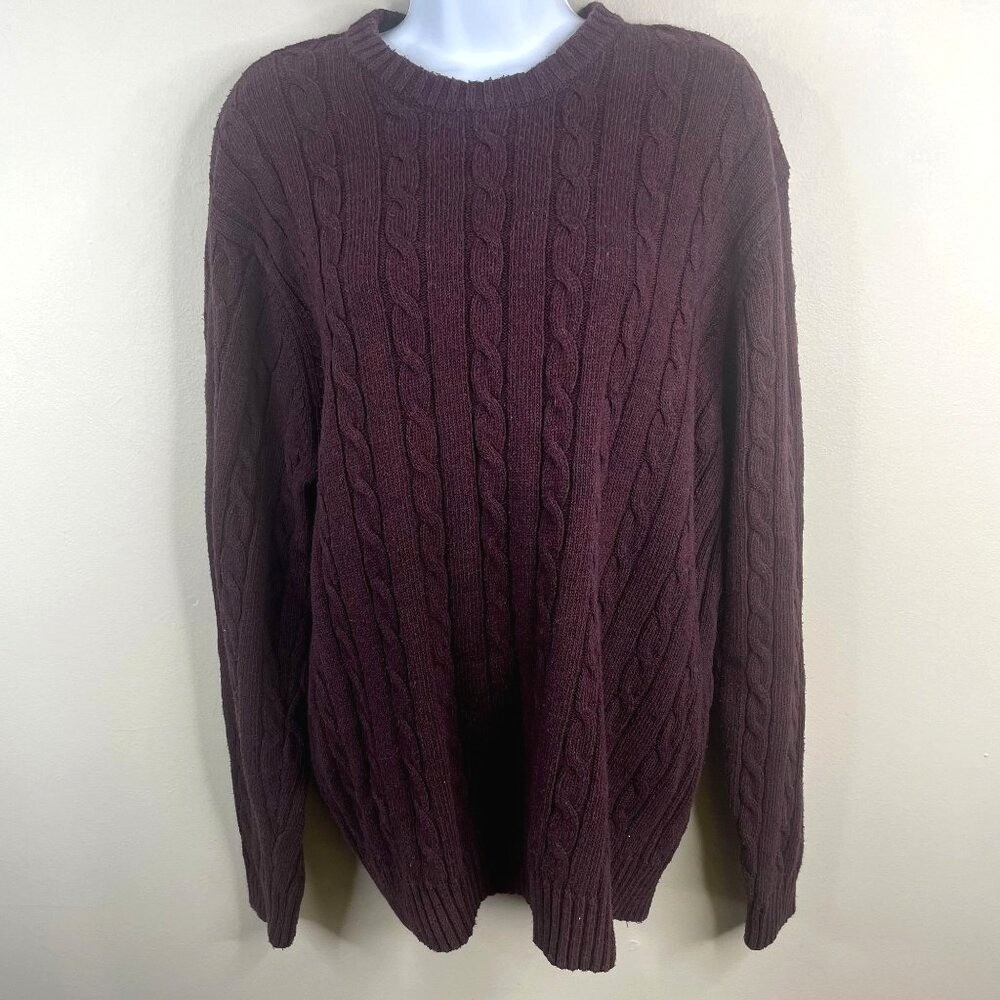 Men Cable Knit Fisherman Sweater Large Preppy Old Money Cozy Crew Neck Pullover
